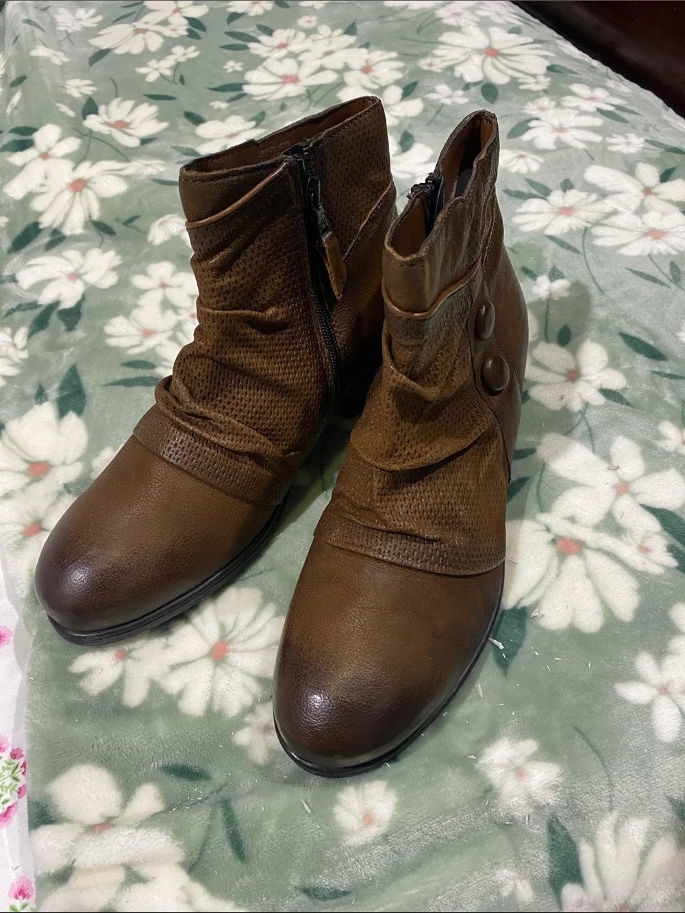 Miz Mooz Brown Leather Ankle Booties with Decorative Buttons